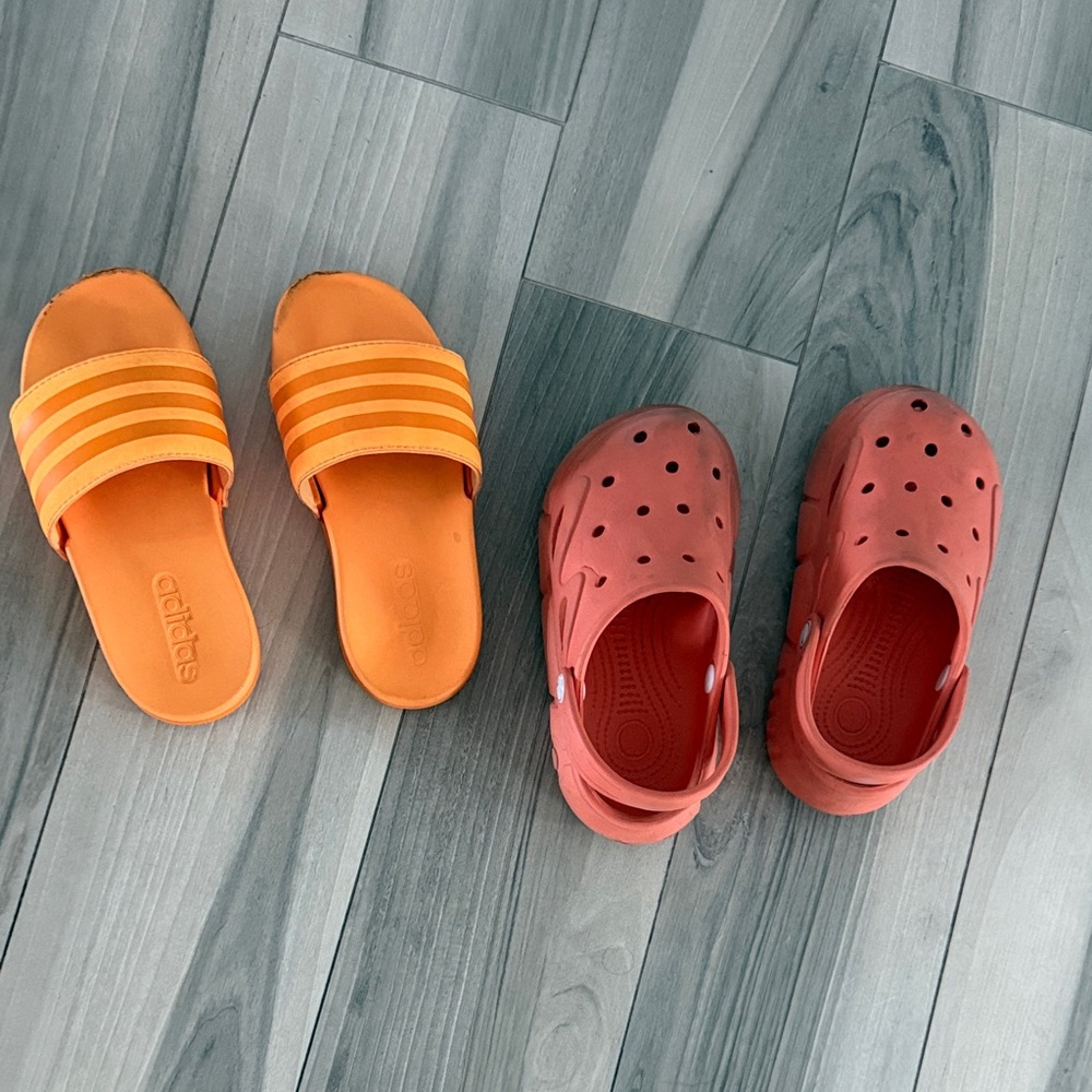 adidas Kids Orange Slides & Coral Slip-On Clogs